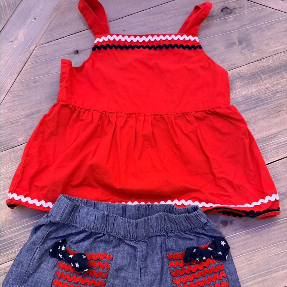 Gymboree Girls Patriotic USA FLAG Red Top & Chambray Shorts Set Size 6
